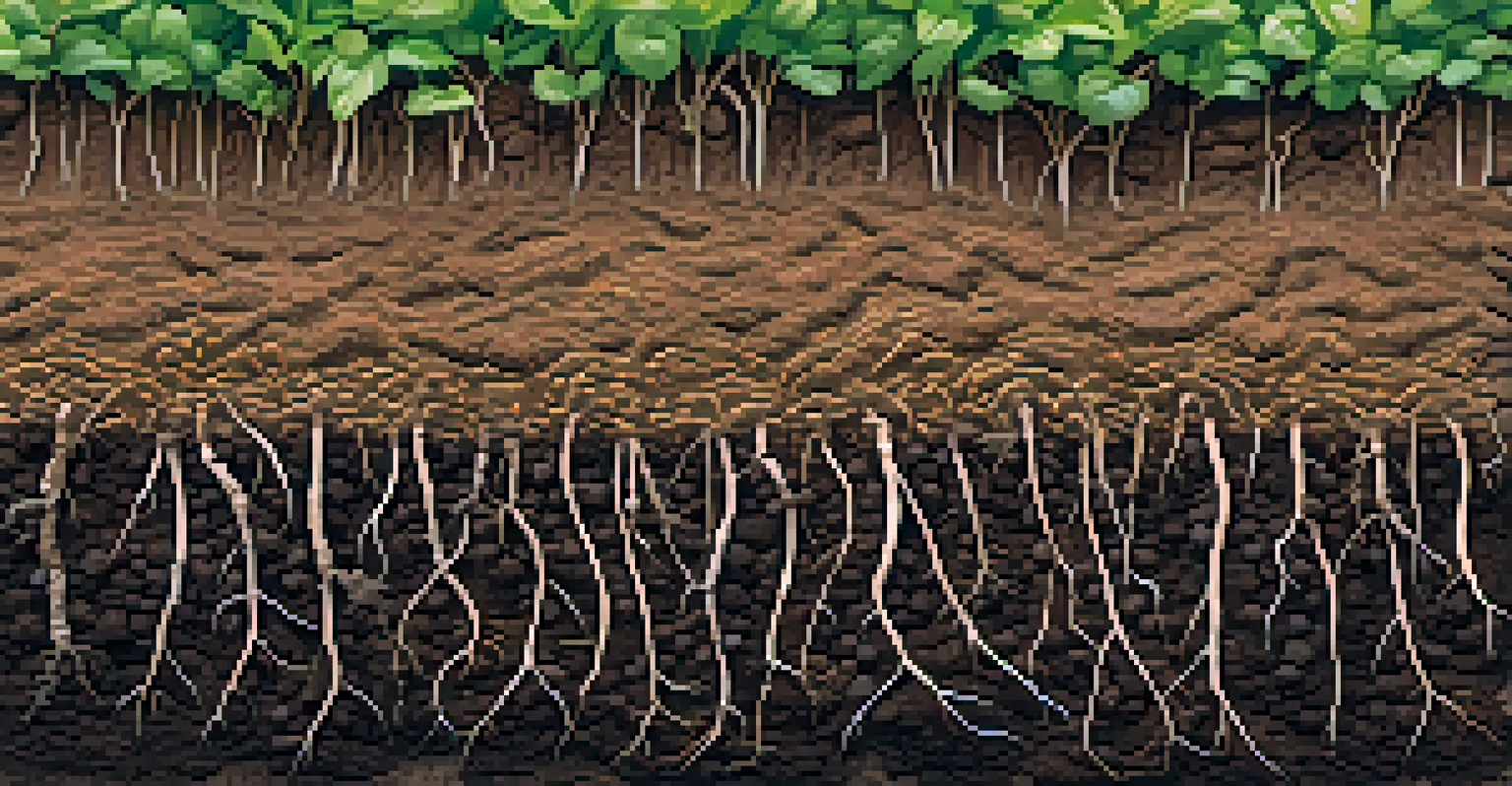 A close-up view of healthy soil with visible plant roots, showcasing the rich texture and ecosystem vital for sustainable farming.