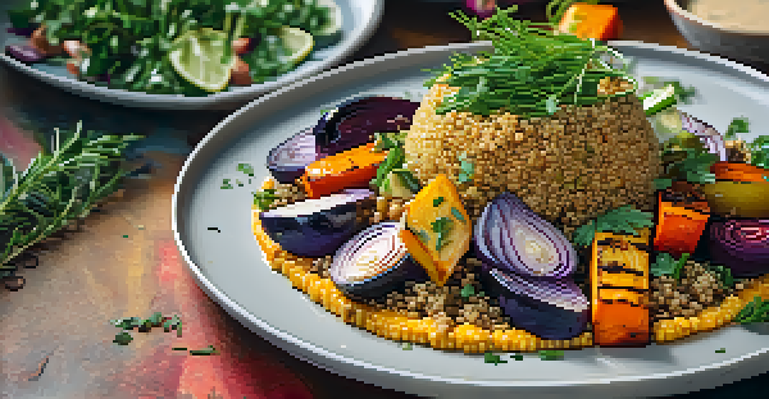 A close-up of a plated vegan dish with roasted vegetables, quinoa, and tahini sauce, garnished with fresh herbs.