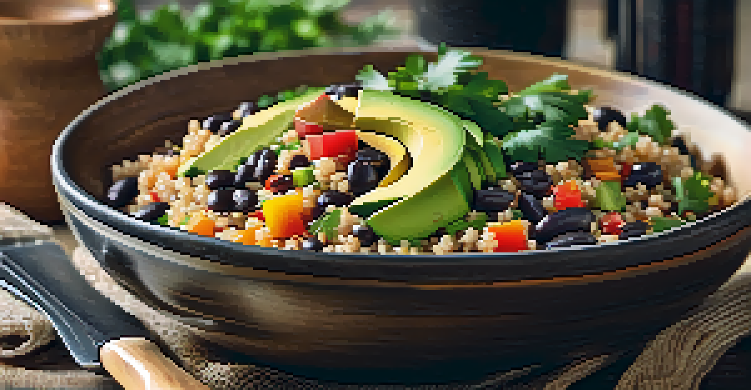 A colorful grain bowl with quinoa, black beans, and vegetables, set on a rustic table with a fork and water glass.