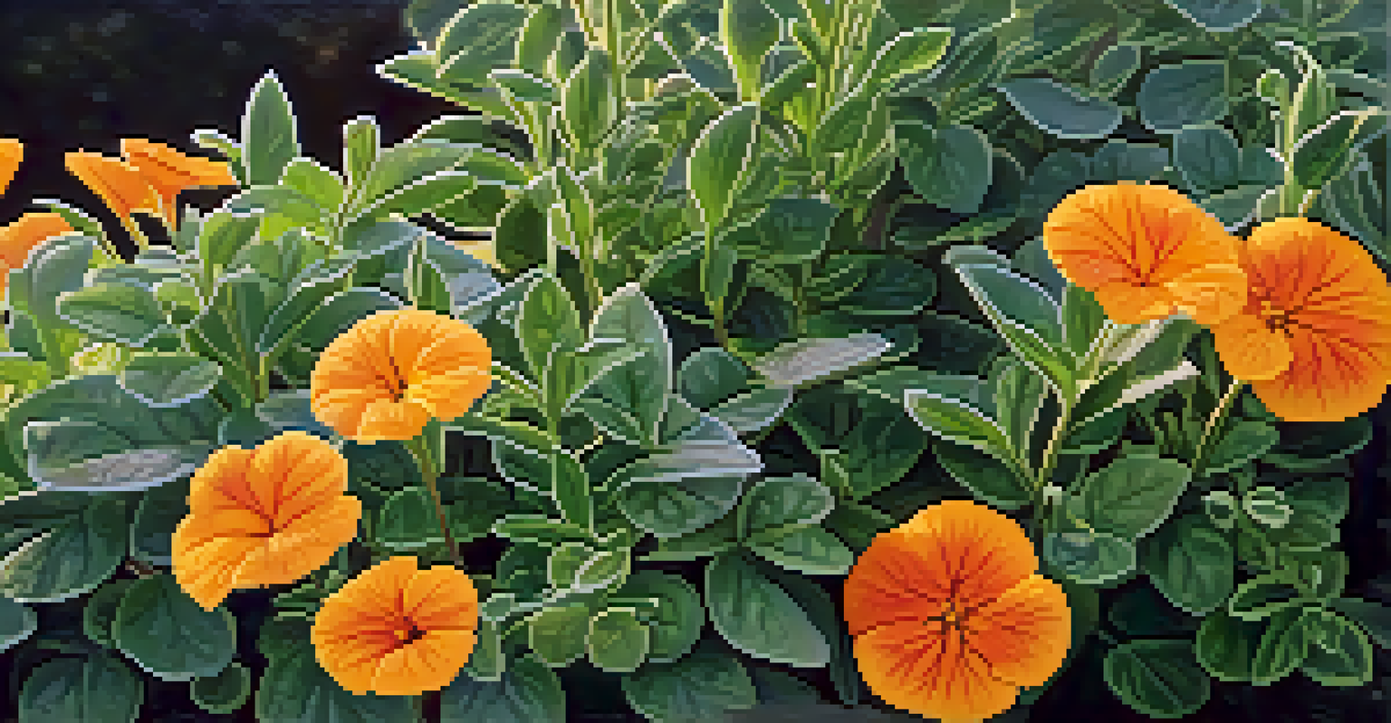 A close-up of rosemary and sage with dew in a herb garden, complemented by blooming nasturtiums.