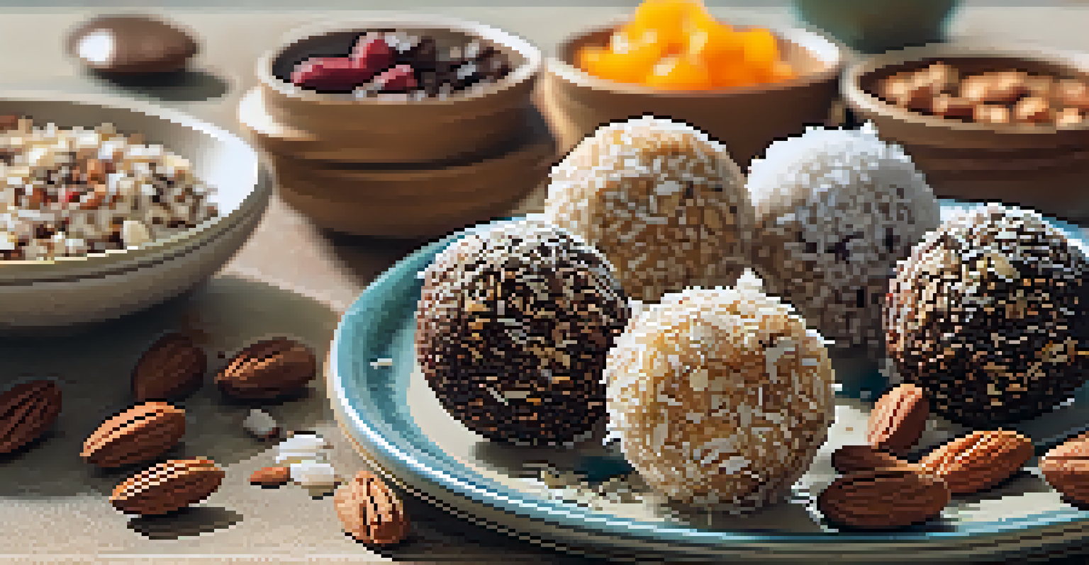 A plate of nutty energy bites with flavors like cocoa and coconut, garnished with shredded coconut, set in a warm kitchen environment.
