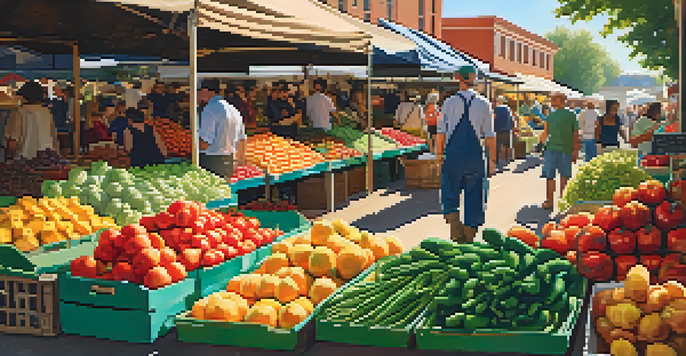 A lively farmer's market with colorful fruits and vegetables, sunlight streaming through the canopy, and diverse people interacting with vendors.