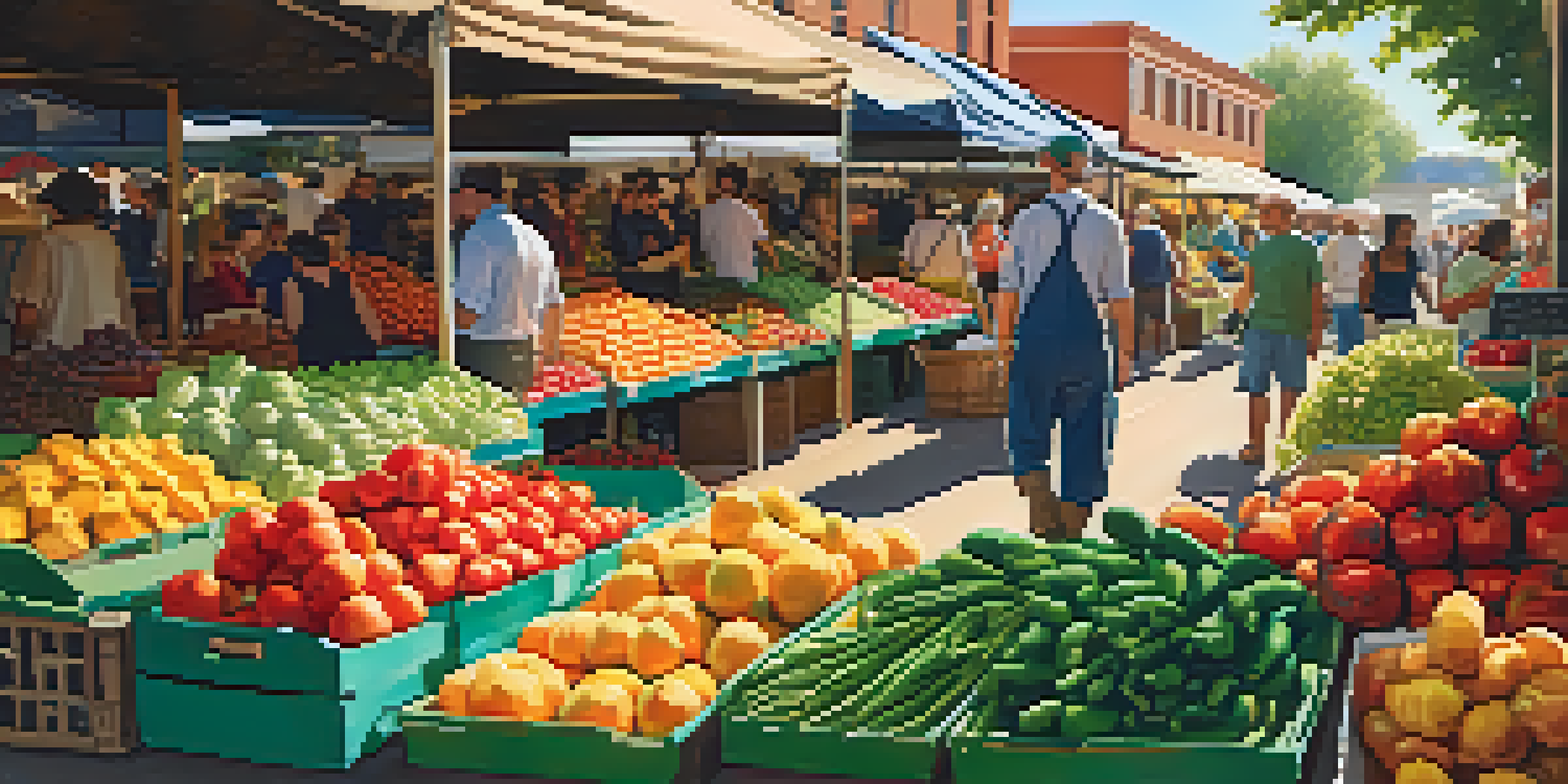A lively farmer's market with colorful fruits and vegetables, sunlight streaming through the canopy, and diverse people interacting with vendors.