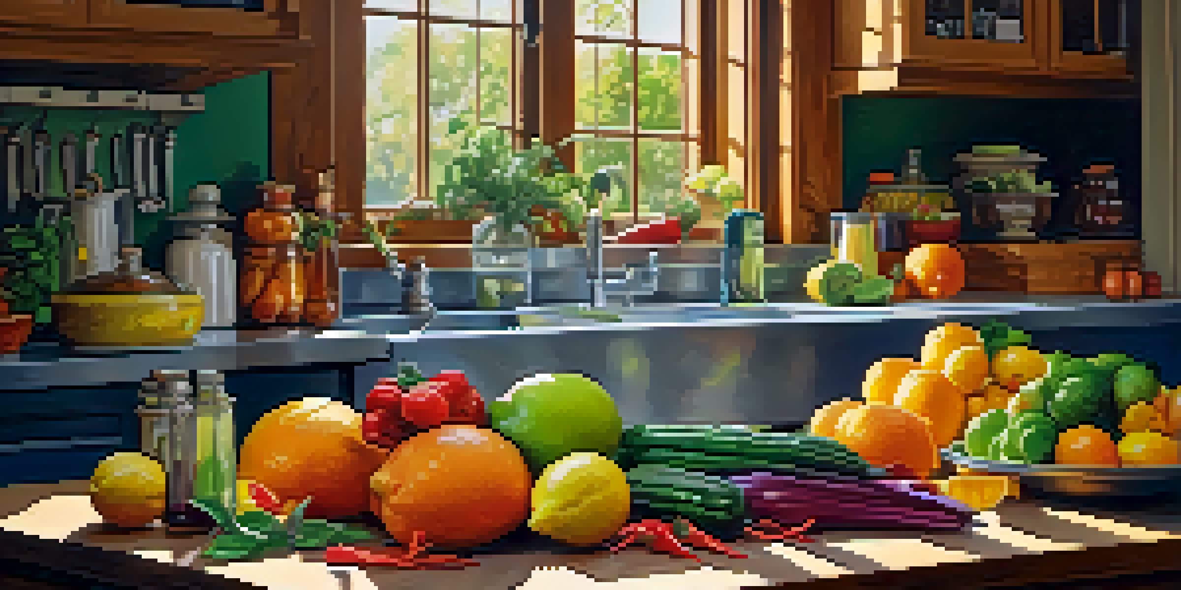 A bright vegan kitchen with colorful vegetables and fruits on a cutting board, illuminated by natural light.