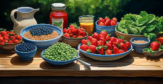 A colorful vegan meal spread on a rustic wooden table, showcasing fruits, leafy greens, whole grains, and legumes.