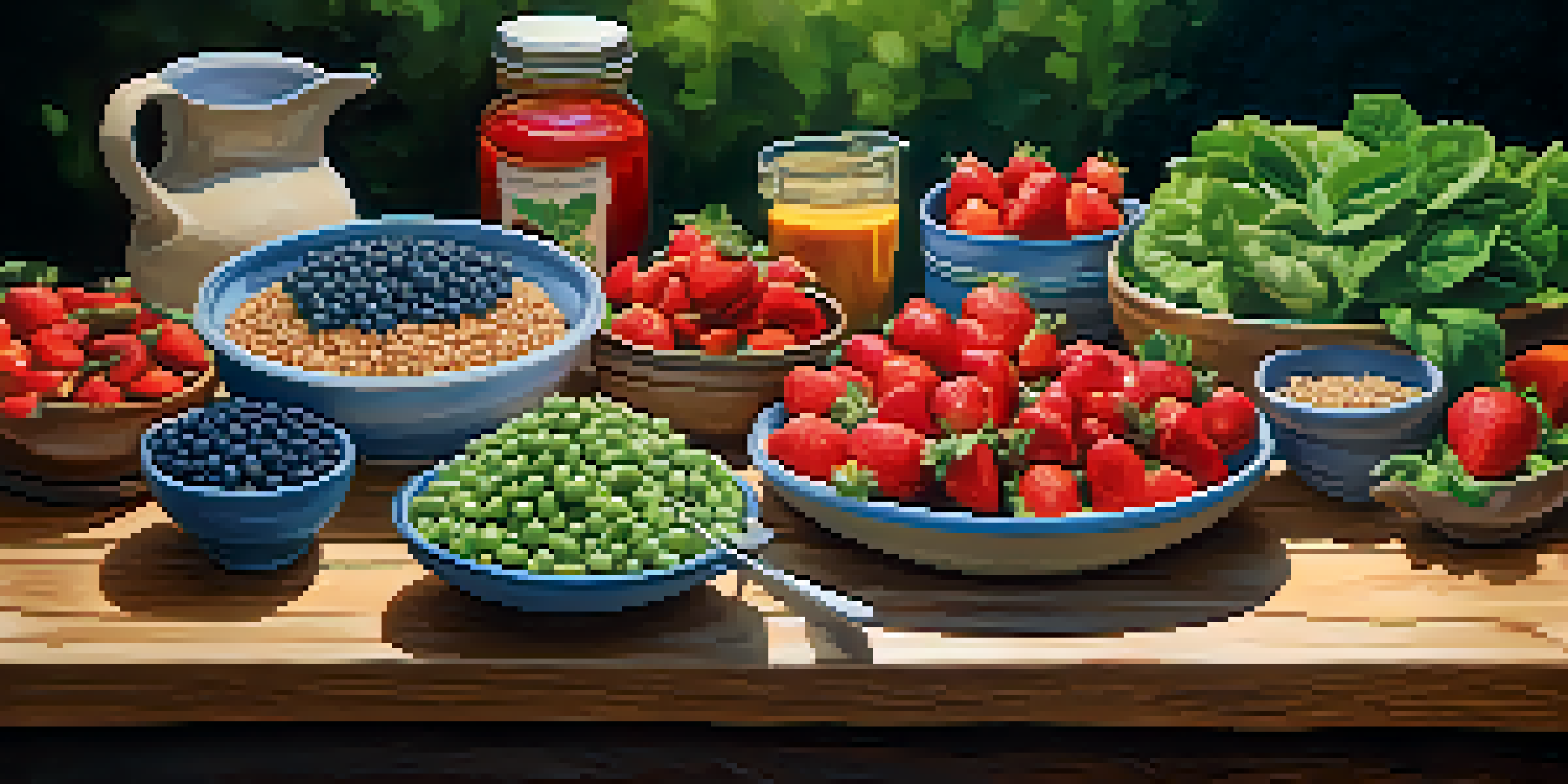 A colorful vegan meal spread on a rustic wooden table, showcasing fruits, leafy greens, whole grains, and legumes.