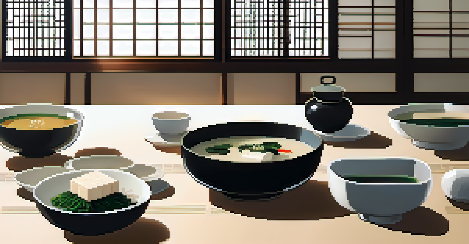 A peaceful Japanese breakfast scene with miso soup and steamed rice, complemented by pickled vegetables on a minimalist table, illuminated by soft light.