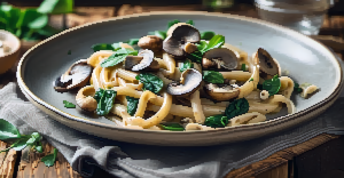 A plate of creamy vegan mushroom pasta garnished with fresh herbs and spinach on a wooden table.