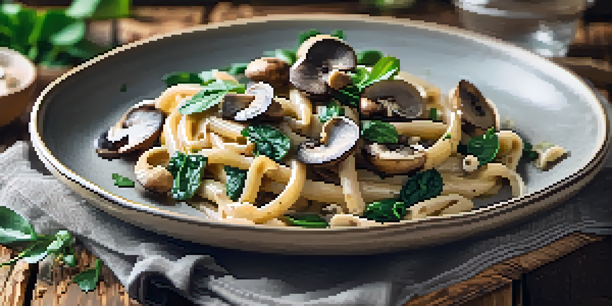 A plate of creamy vegan mushroom pasta garnished with fresh herbs and spinach on a wooden table.