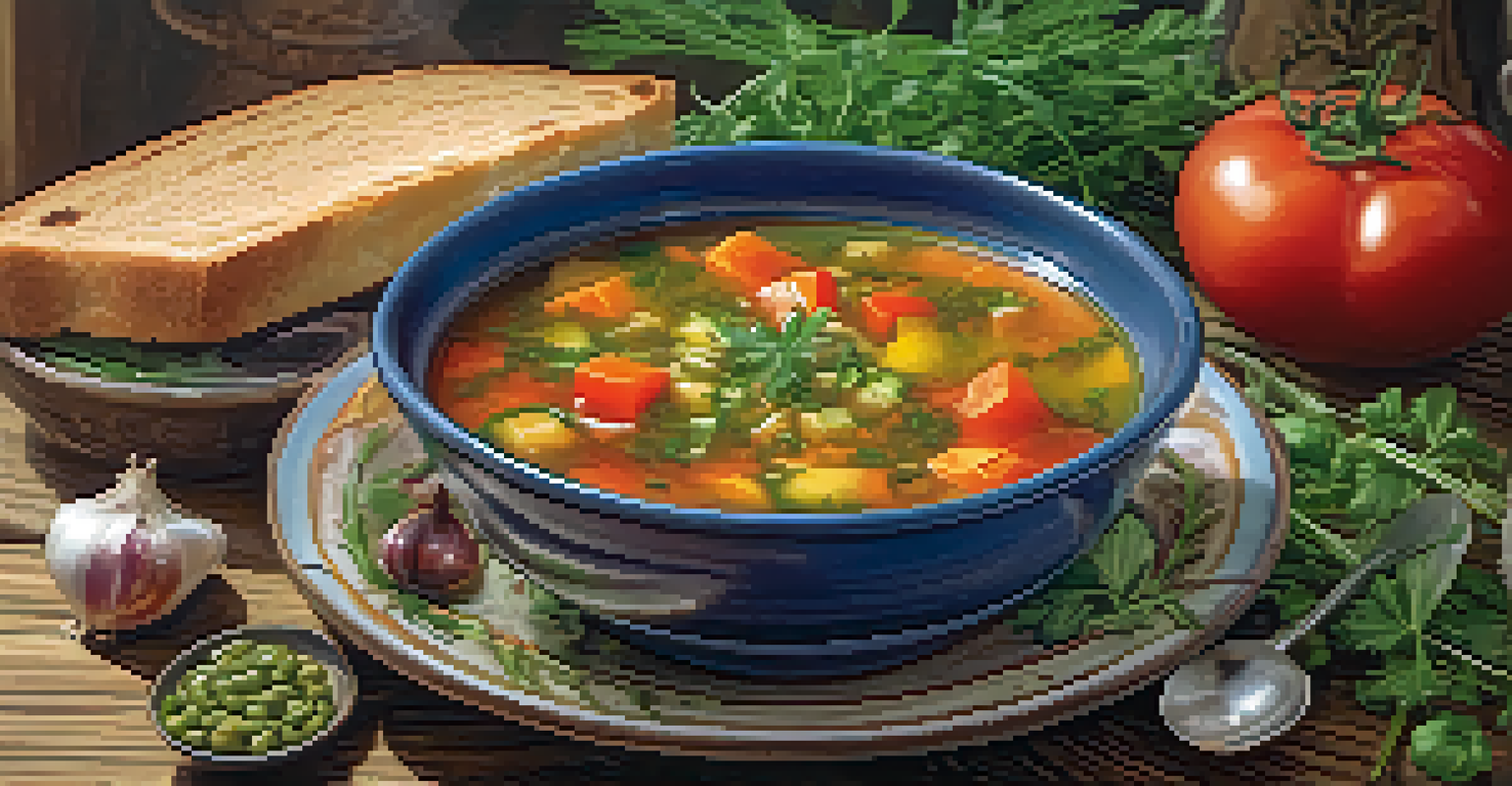A rustic dining table with a bowl of colorful vegetable soup and fresh ingredients, illuminated by soft light.