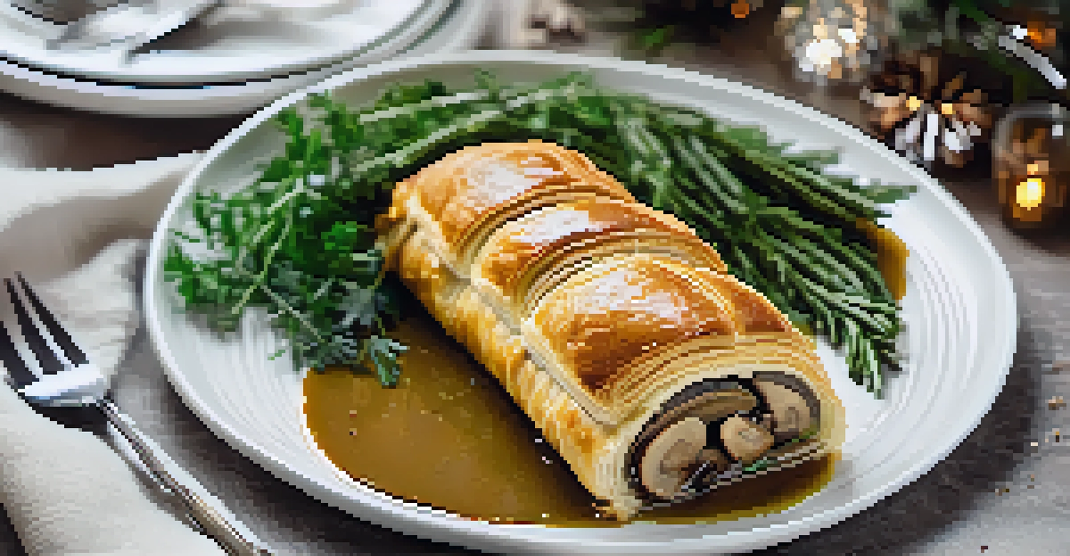 A sliced mushroom Wellington on a plate, showcasing its rich filling, accompanied by vegan gravy and garnished with herbs.