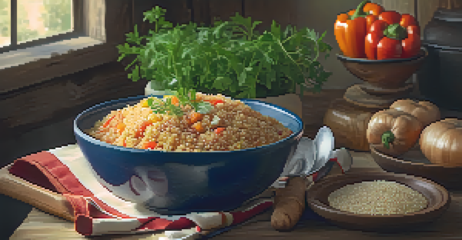 A bowl of fluffy quinoa with roasted vegetables, displayed in a warm kitchen setting.