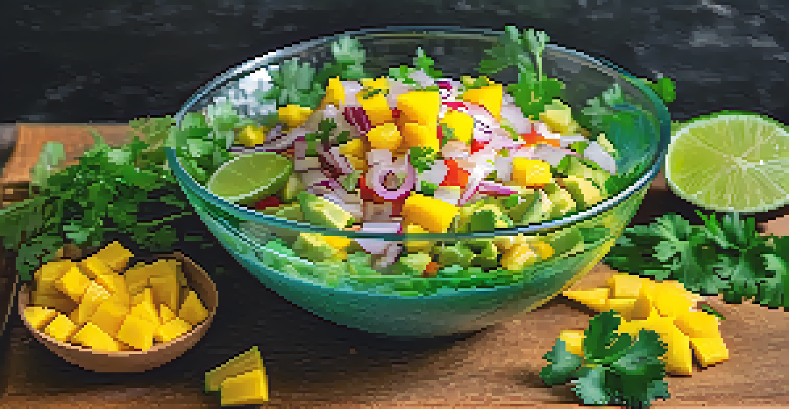 A bowl of colorful plant-based ceviche with avocado, mango, and jicama, garnished with cilantro.