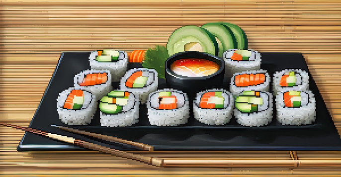 A colorful vegan sushi platter with avocado, carrots, and cucumbers, garnished with sesame seeds, served on a bamboo mat with soy sauce and chopsticks.