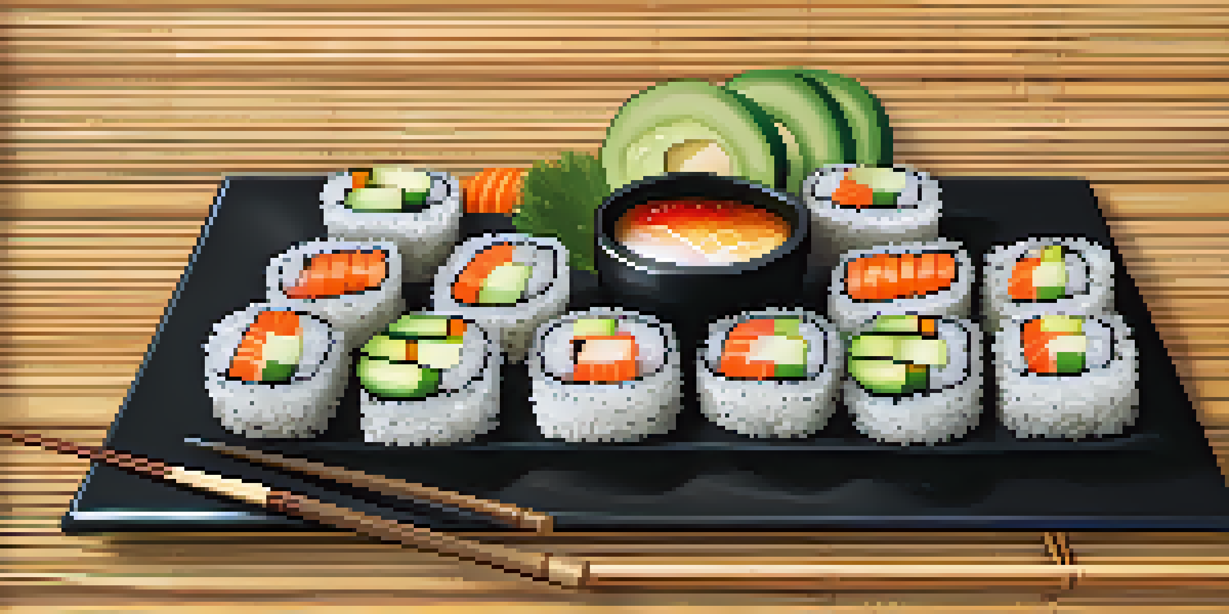 A colorful vegan sushi platter with avocado, carrots, and cucumbers, garnished with sesame seeds, served on a bamboo mat with soy sauce and chopsticks.