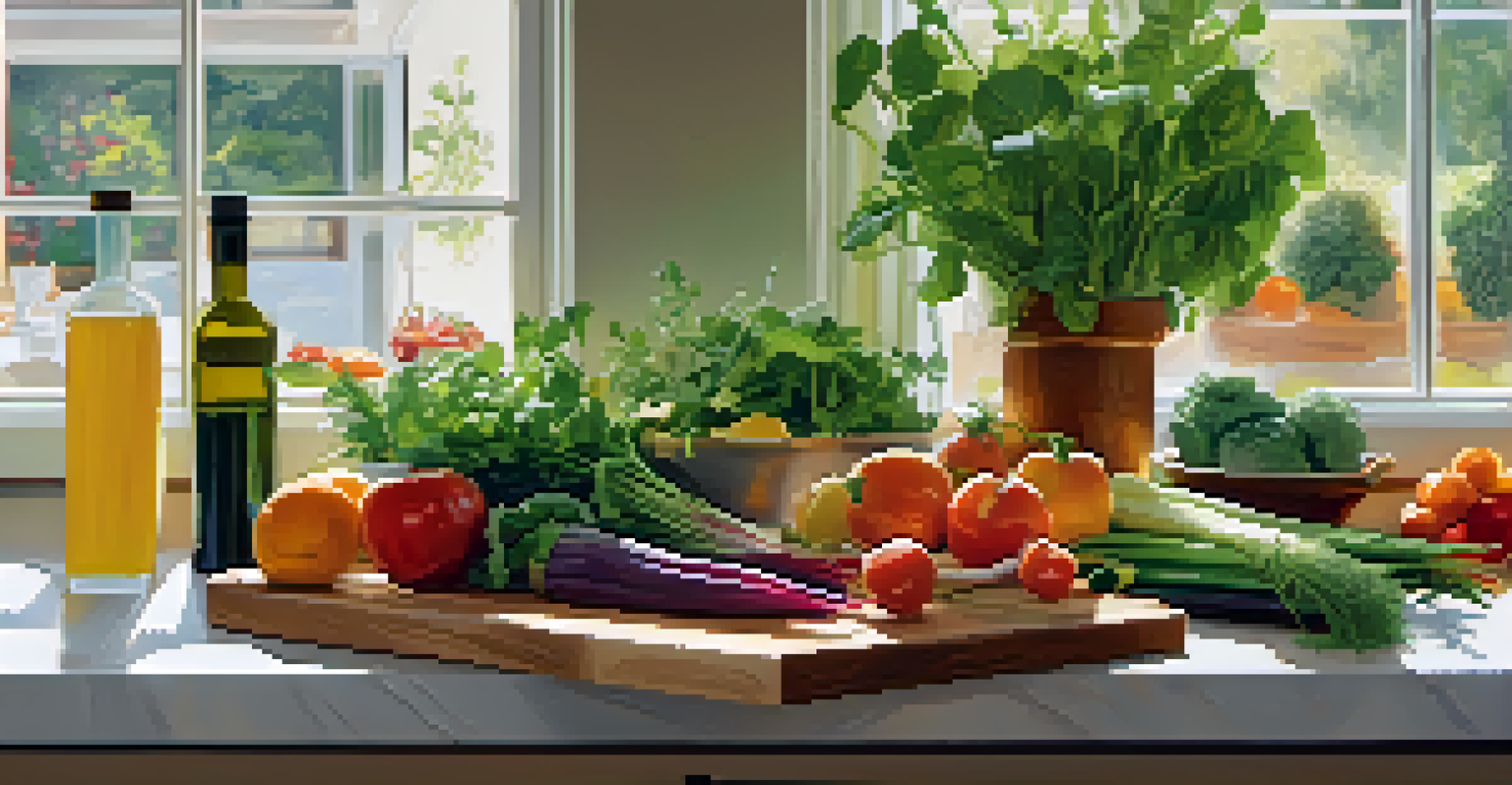 A kitchen countertop with fresh seasonal vegetables and fruits, highlighting a vibrant salad and an open recipe book.