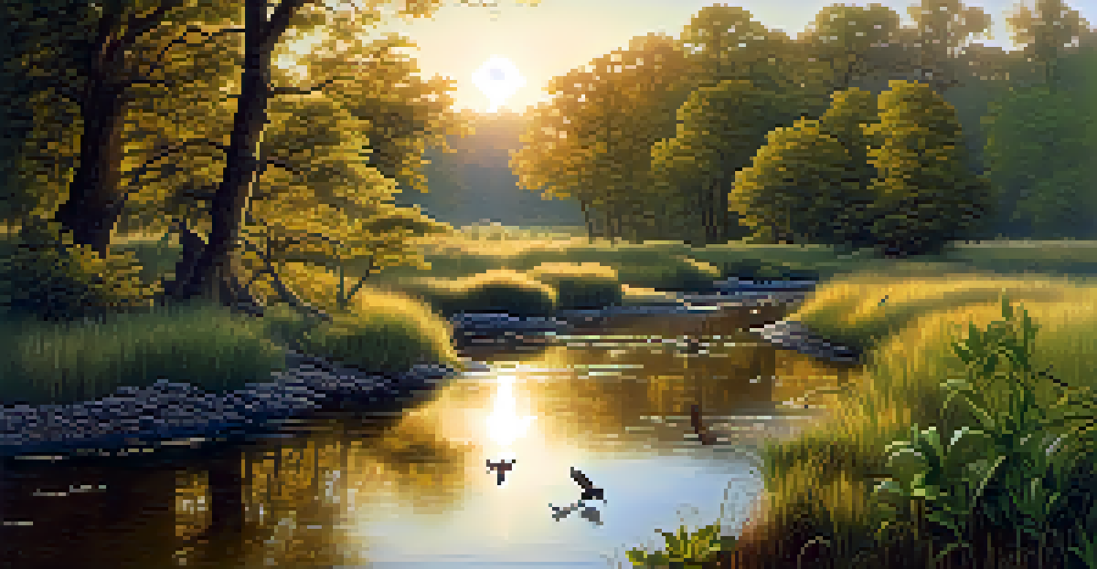 A peaceful reforested landscape with young trees, birds, and a stream, illuminated by soft evening light.