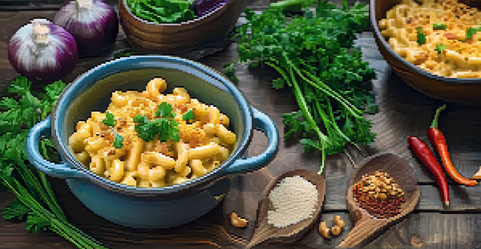 A bowl of vegan mac and cheese topped with parsley and paprika, surrounded by roasted garlic and colorful vegetables.