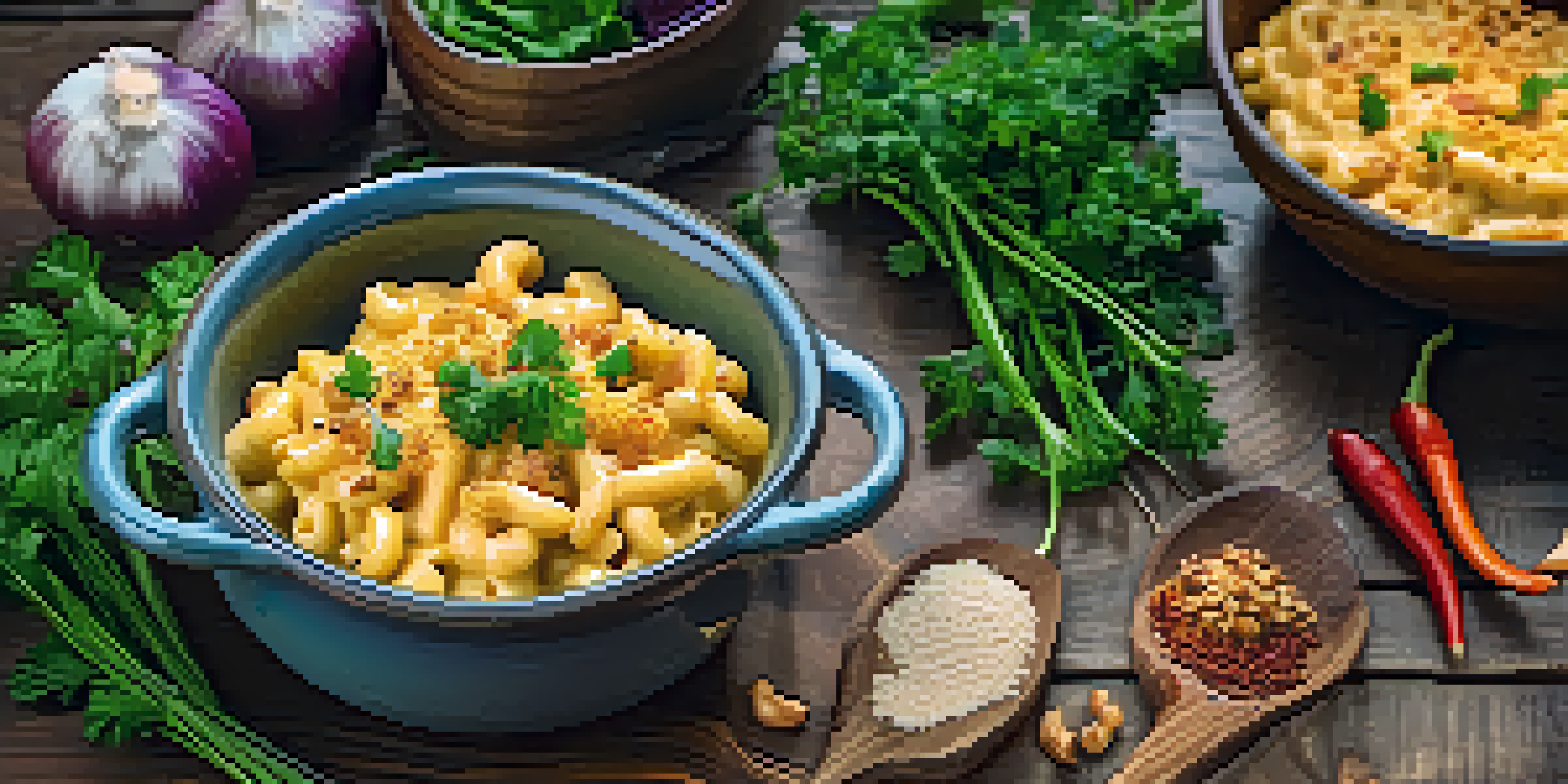 A bowl of vegan mac and cheese topped with parsley and paprika, surrounded by roasted garlic and colorful vegetables.