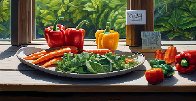 A colorful vegan meal displayed on a wooden table with a card that reads 'I am vegan' in different languages.