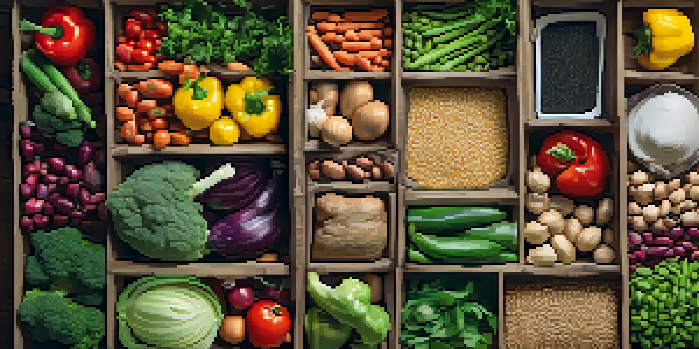 A vegan meal delivery box with fresh ingredients including vegetables, grains, and legumes on a wooden table.