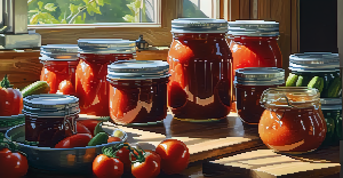 A rustic kitchen with colorful jars of canned tomato sauce, pickled cucumbers, and fruit jam on a wooden countertop, surrounded by fresh ingredients and sunlight.