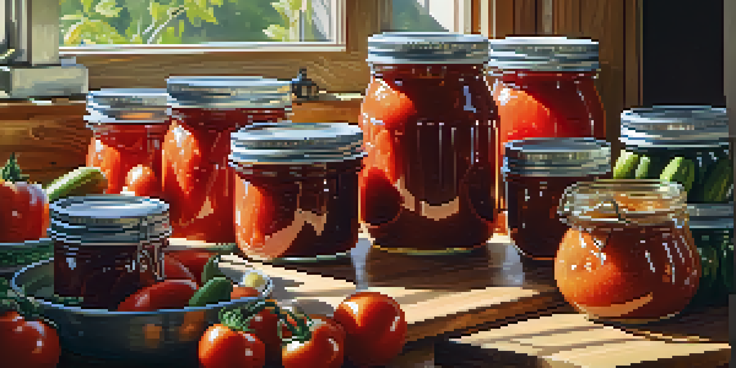 A rustic kitchen with colorful jars of canned tomato sauce, pickled cucumbers, and fruit jam on a wooden countertop, surrounded by fresh ingredients and sunlight.
