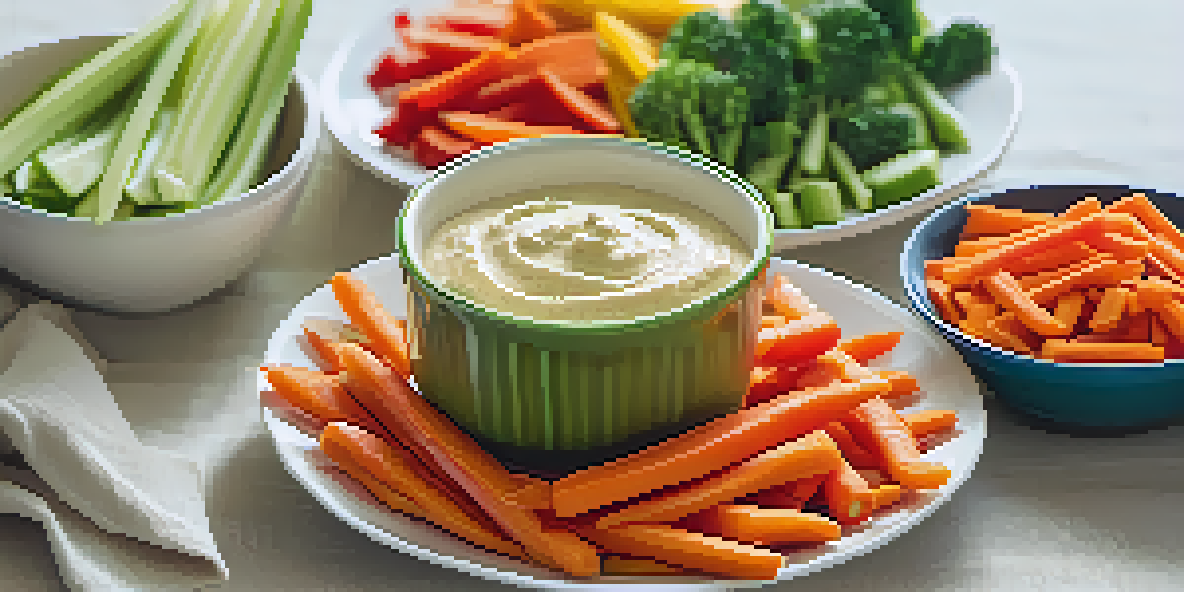 A bowl of colorful veggie sticks with a dish of hummus, illuminated by natural light.