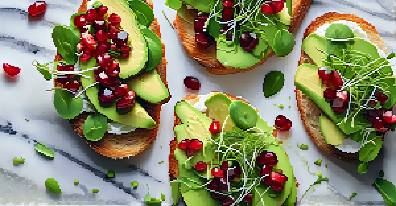 Avocado crostini on a marble surface, topped with pomegranate seeds and microgreens.