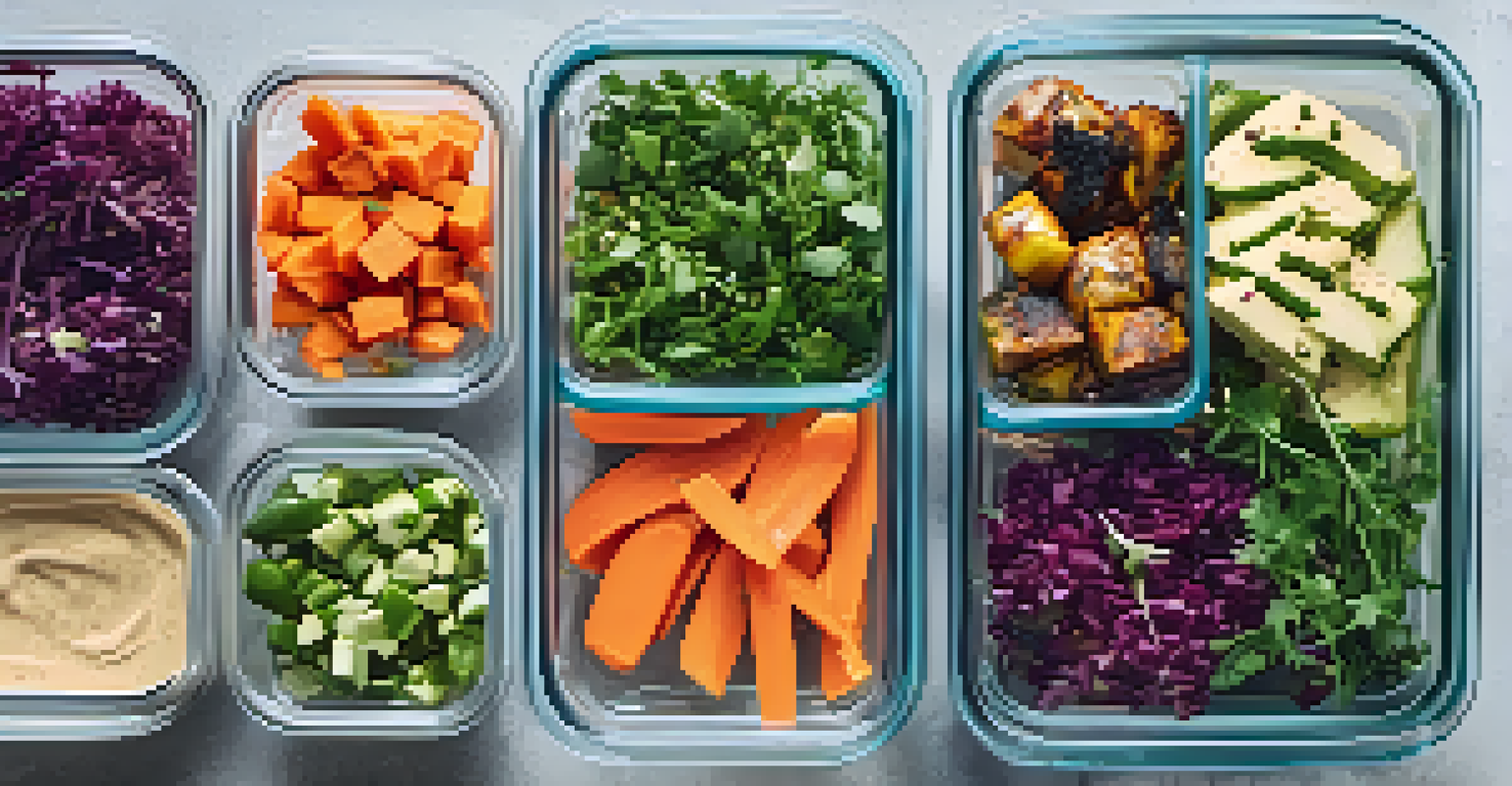 An overhead view of a workspace with glass containers filled with colorful vegan meals, alongside chopped vegetables and herbs on a cutting board.