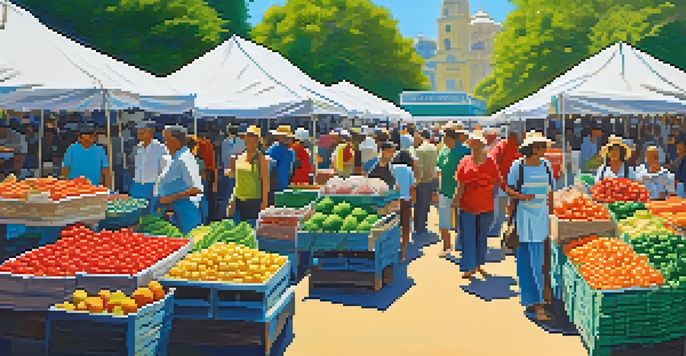 A lively farmers' market in Brazil featuring colorful fresh produce and people enjoying the day.