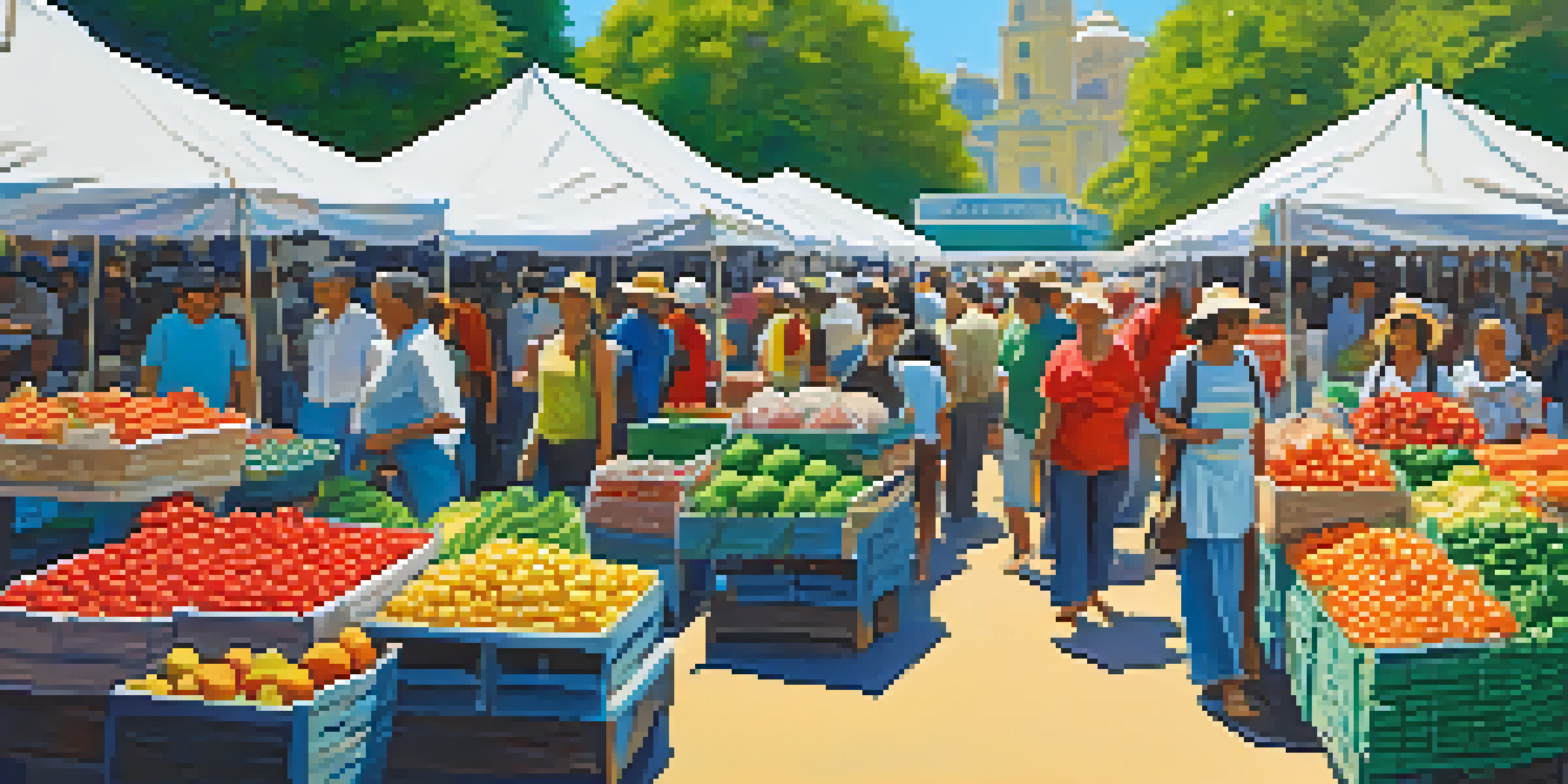 A lively farmers' market in Brazil featuring colorful fresh produce and people enjoying the day.