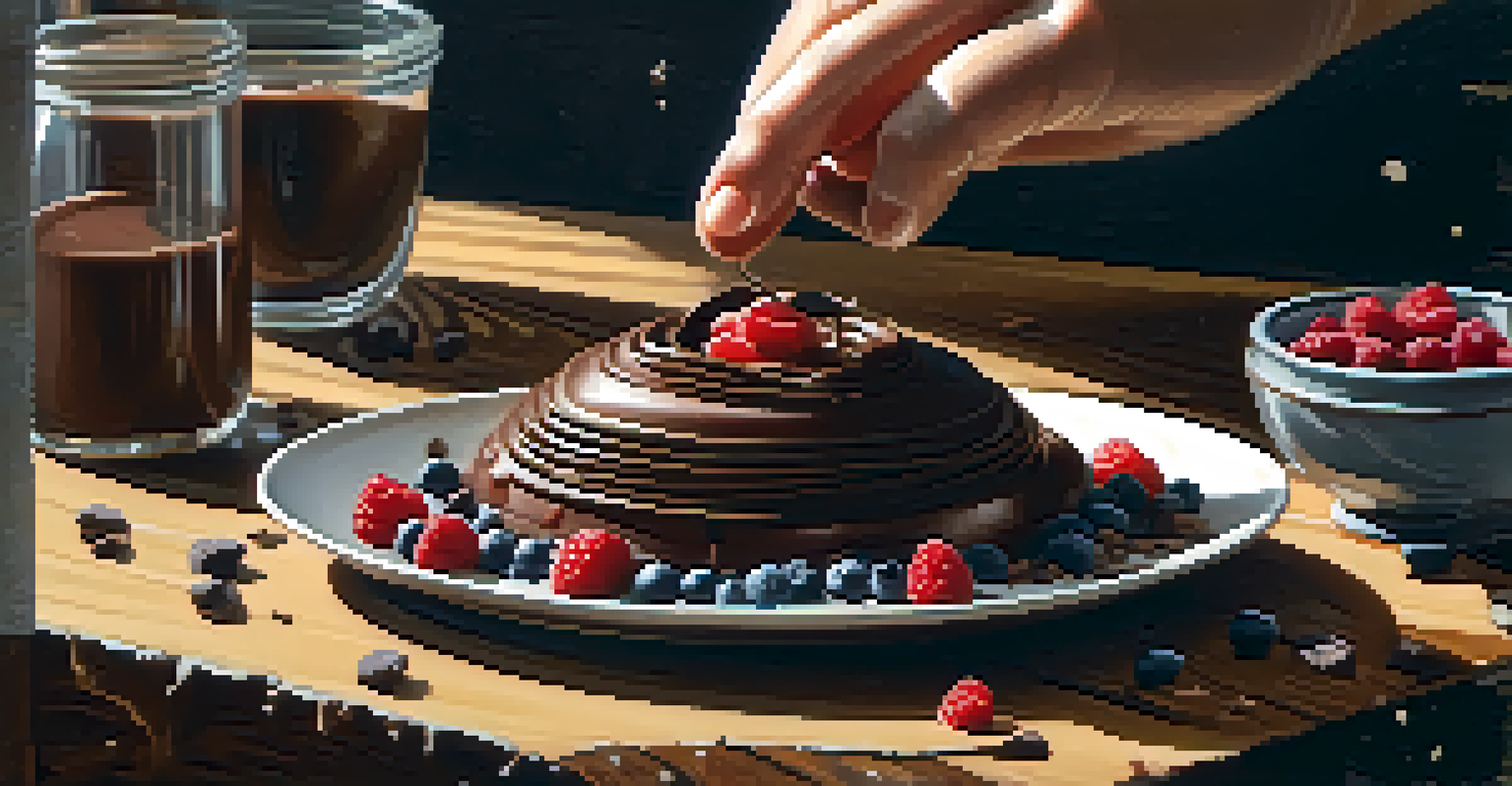 A chef's hands preparing a vegan chocolate mousse dessert, showcasing rich textures and fresh ingredients on a rustic wooden table.