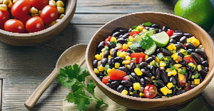 A fresh black bean salad with corn, tomatoes, and lime dressing in a wooden bowl, garnished with cilantro and lime wedges.