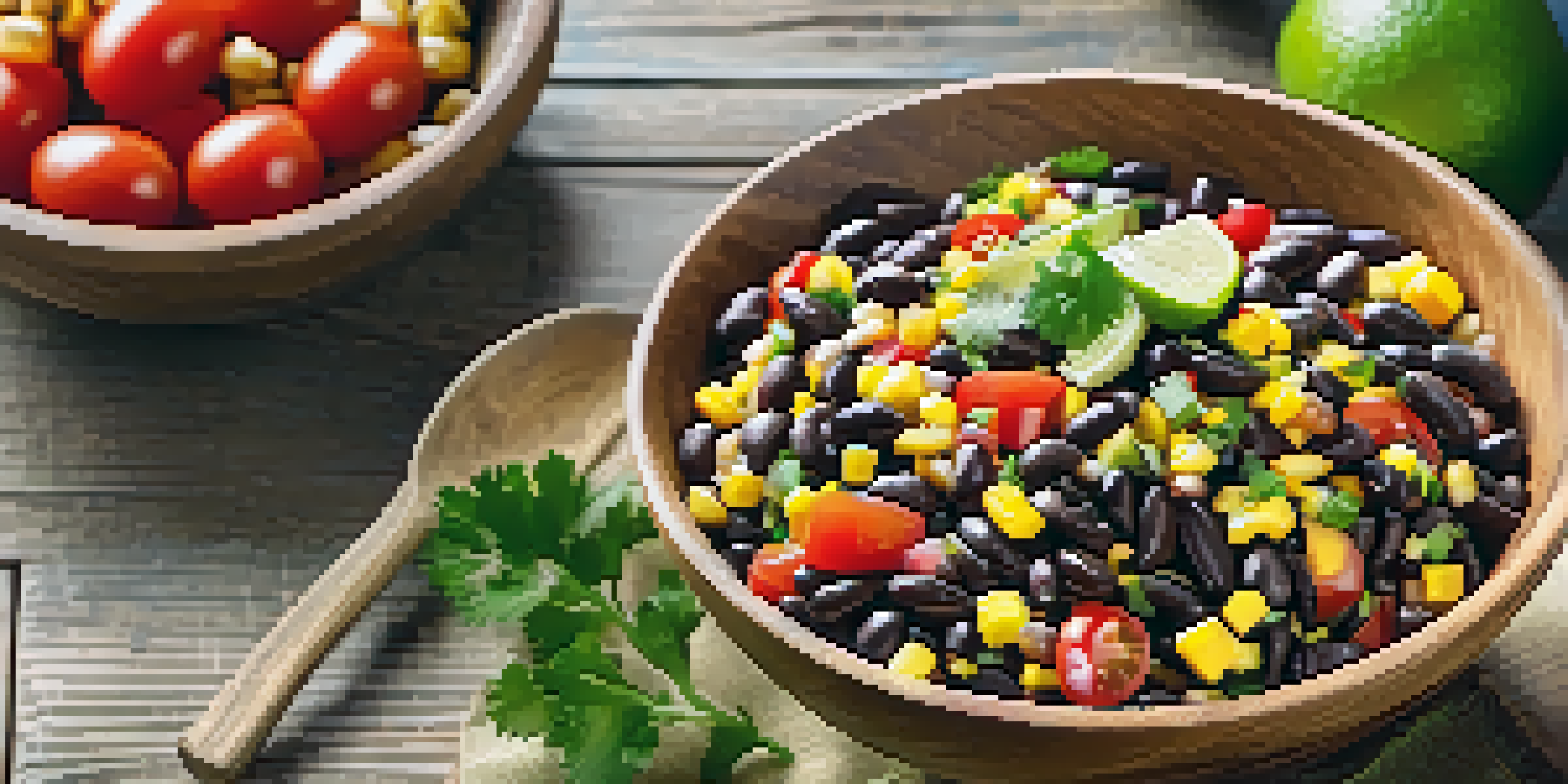 A fresh black bean salad with corn, tomatoes, and lime dressing in a wooden bowl, garnished with cilantro and lime wedges.