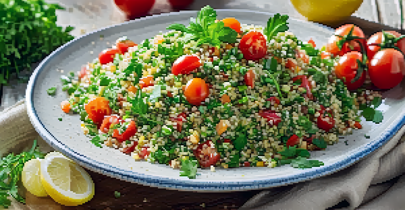 A close-up of tabbouleh salad with parsley, mint, tomatoes, and bulgur, drizzled with lemon vinaigrette, served in a rustic bowl.