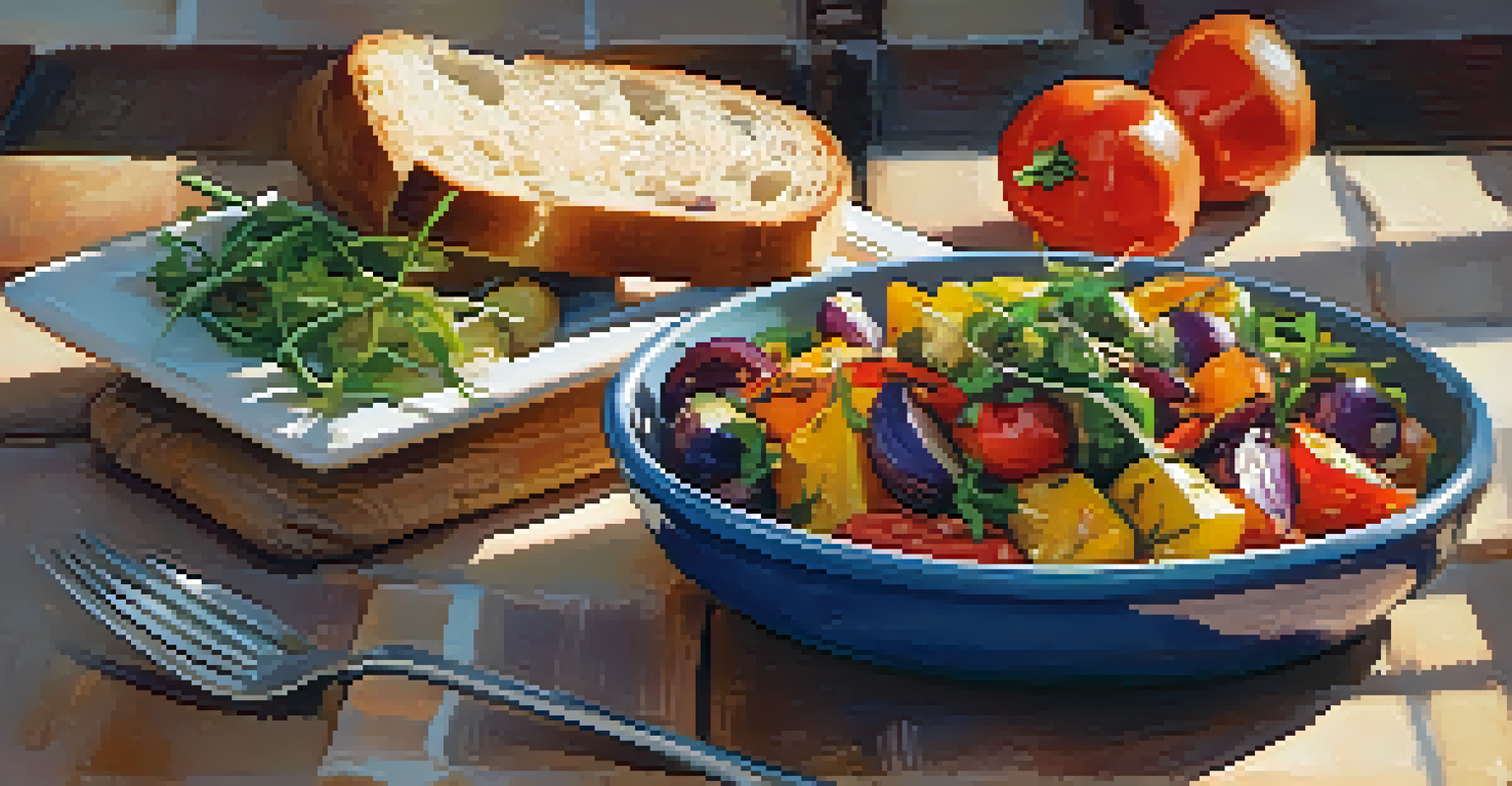 A Mediterranean dish of roasted vegetables drizzled with olive oil, alongside a colorful salad and rustic bread.