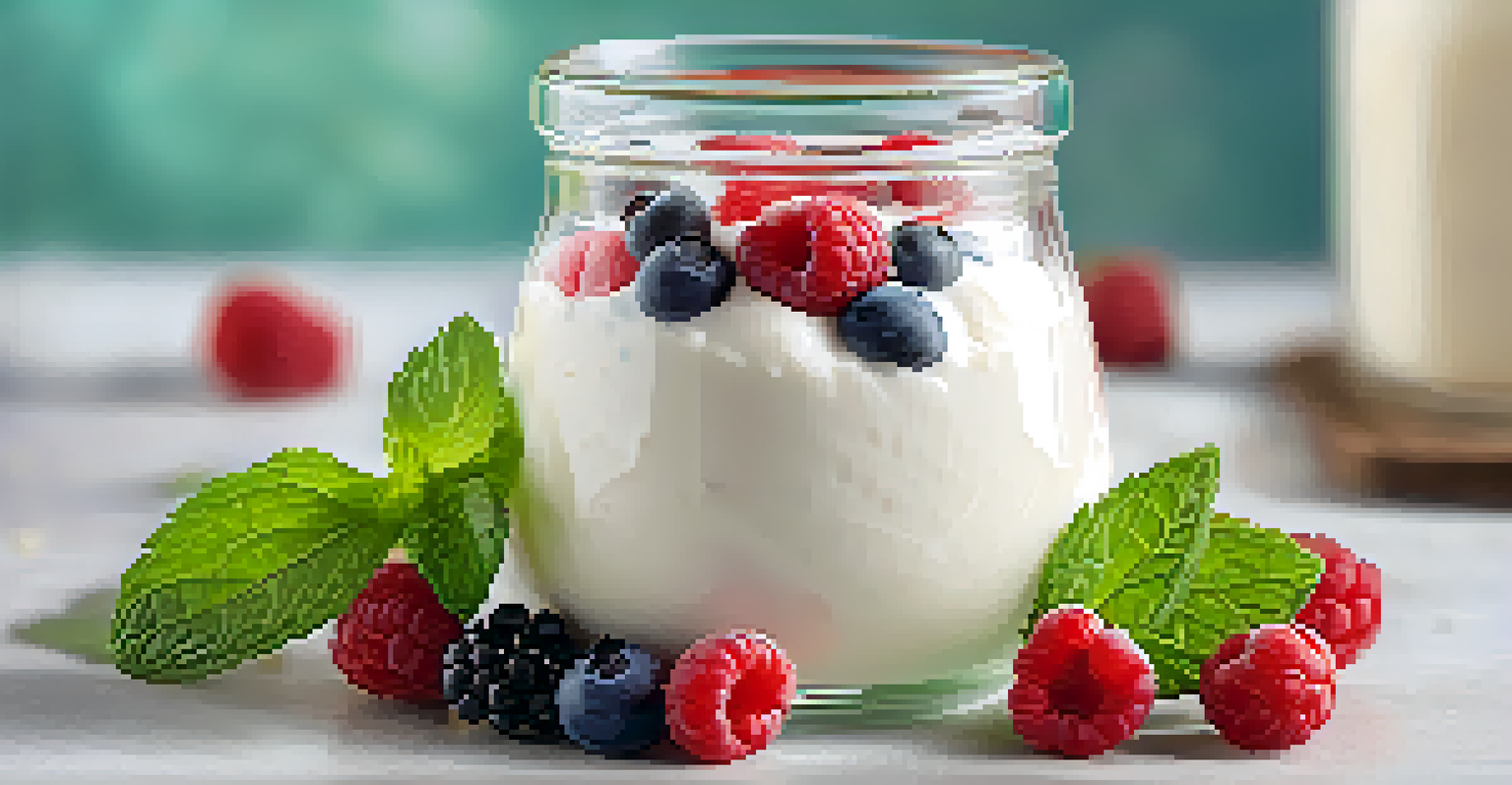 Close-up of creamy oat yogurt in a jar, topped with fresh berries and mint, with a softly blurred background.