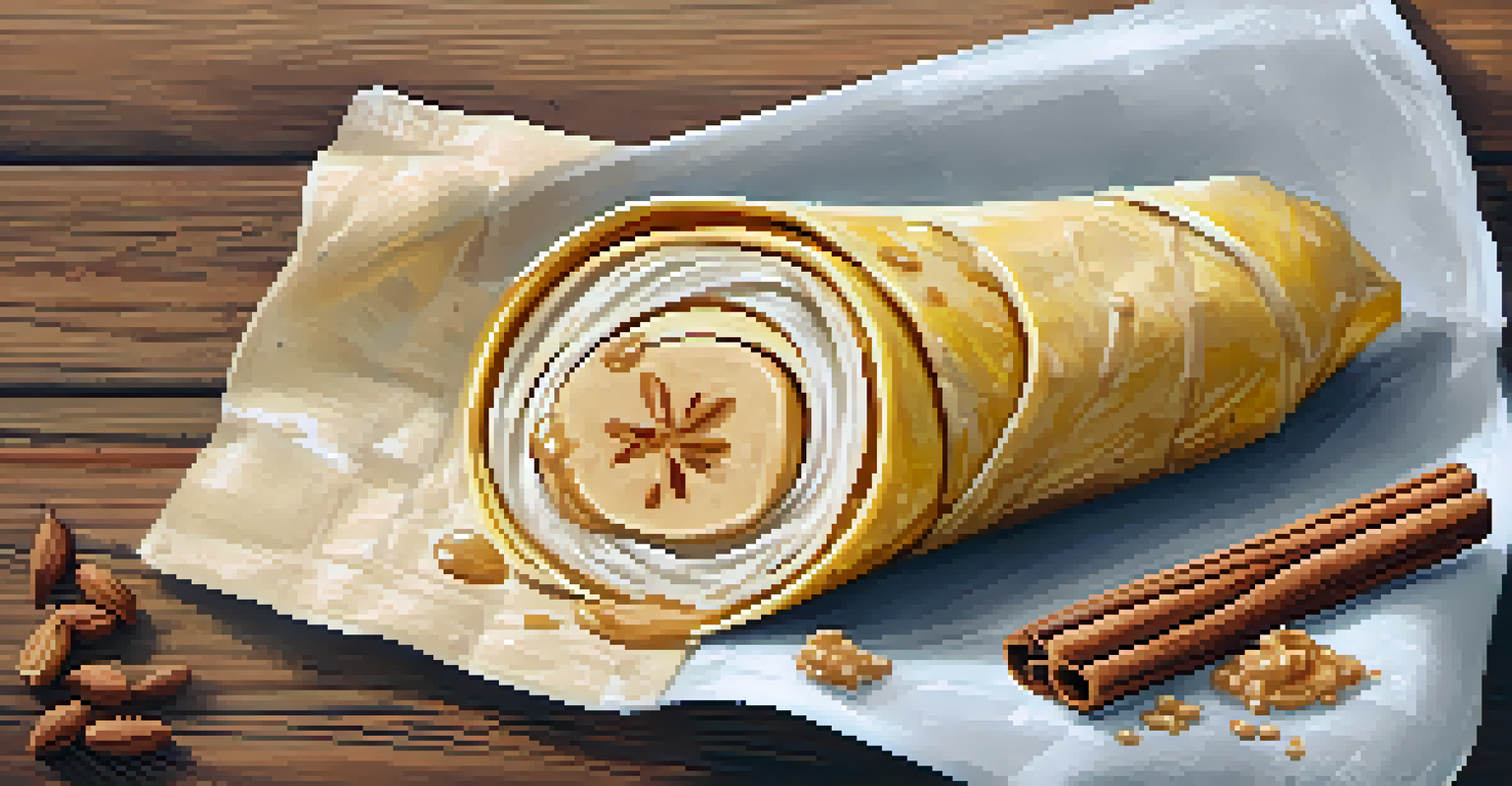 A sliced peanut butter banana wrap on a wooden board, with banana slices and a sprinkle of cinnamon around it.