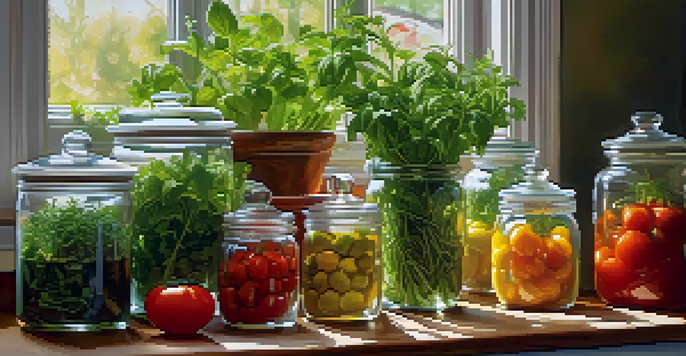 A sunlit kitchen countertop filled with fresh herbs in jars, colorful vegetables, and soft natural lighting.
