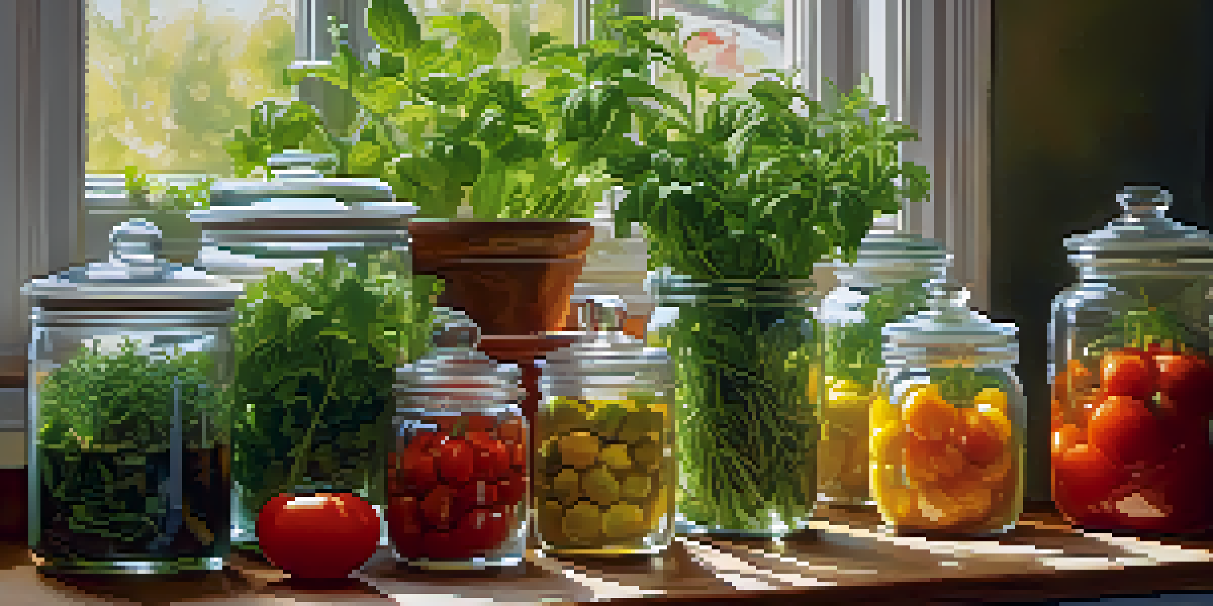 A sunlit kitchen countertop filled with fresh herbs in jars, colorful vegetables, and soft natural lighting.