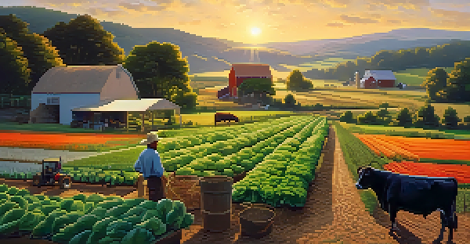 A picturesque sustainable farm at sunset, with crops and free-range animals, and a farmer tending to a garden.