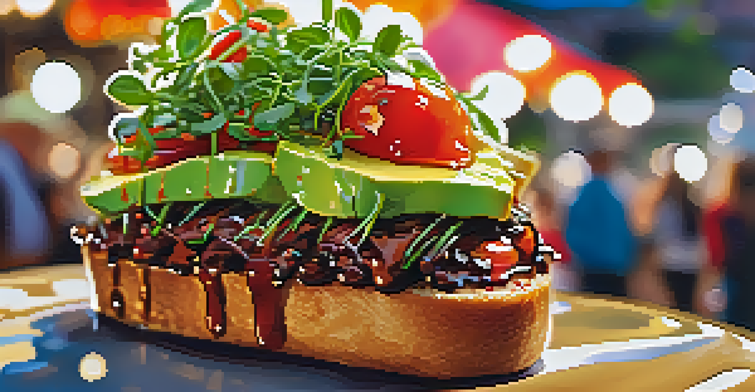 A gourmet vegan avocado toast beautifully plated, with microgreens and cherry tomatoes, served from a food truck at a vibrant festival.