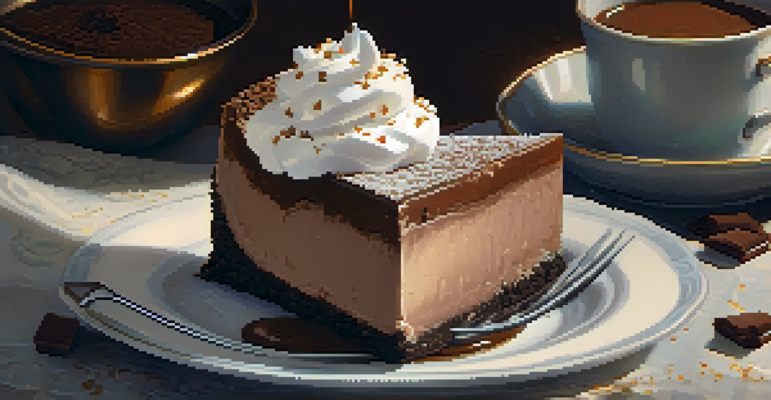 A slice of chocolate vegan cheesecake on a porcelain plate, topped with coconut whipped cream, set against a warm kitchen background.