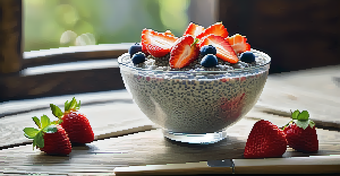 A bowl of colorful chia pudding topped with fresh fruits, set on a rustic wooden table with natural light.