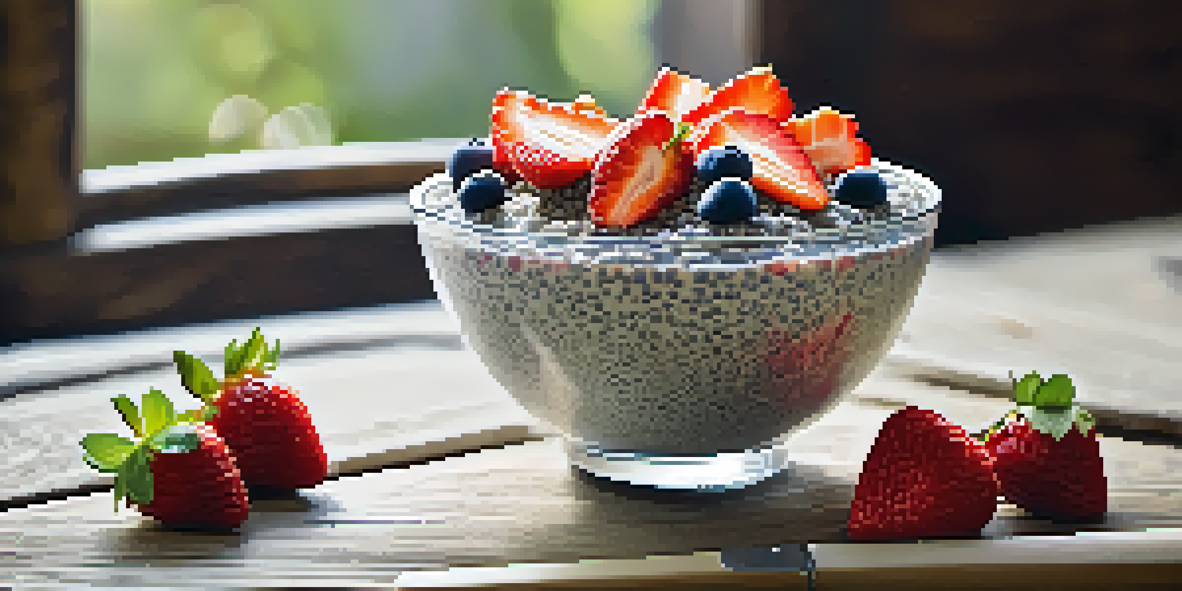 A bowl of colorful chia pudding topped with fresh fruits, set on a rustic wooden table with natural light.