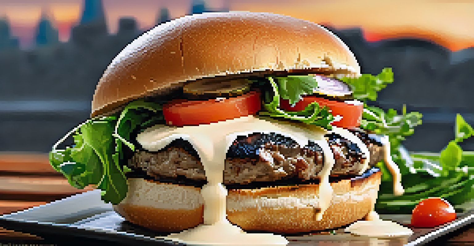 Close-up of grilled portobello burgers on toasted buns, topped with greens and tomatoes, sizzling on the grill.