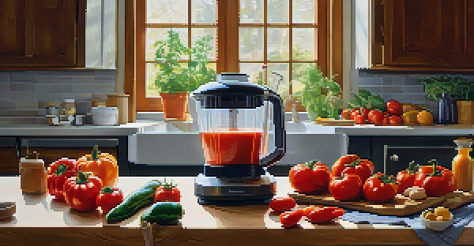 A bright kitchen with a high-speed blender surrounded by fresh tomatoes, bell peppers, cashews, and herbs, illuminated by soft natural light.