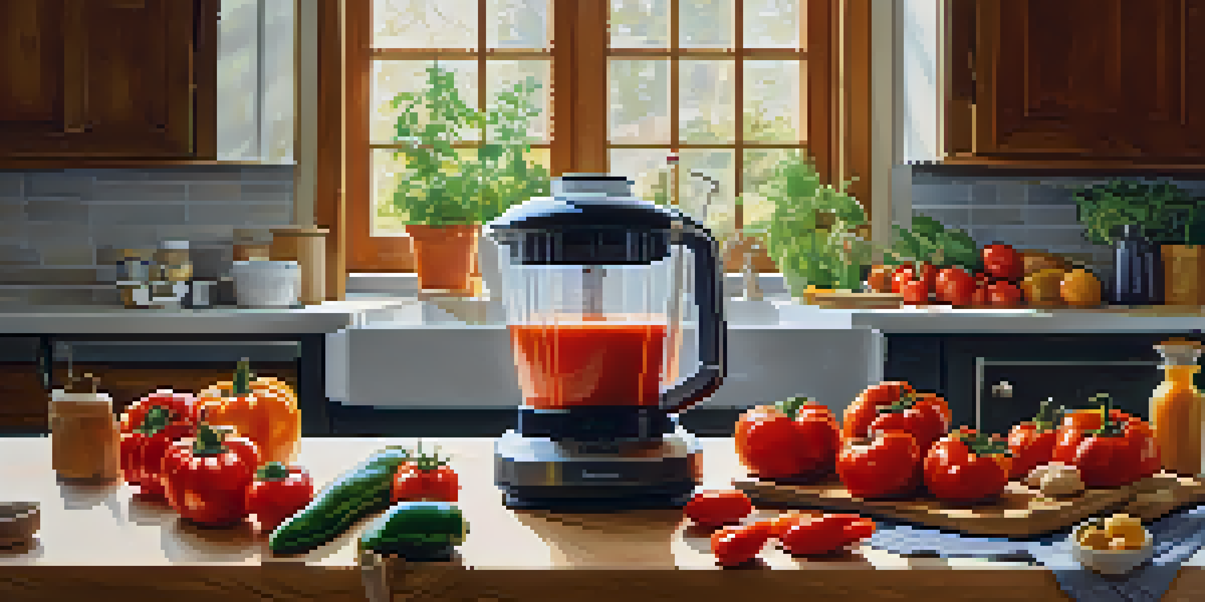A bright kitchen with a high-speed blender surrounded by fresh tomatoes, bell peppers, cashews, and herbs, illuminated by soft natural light.