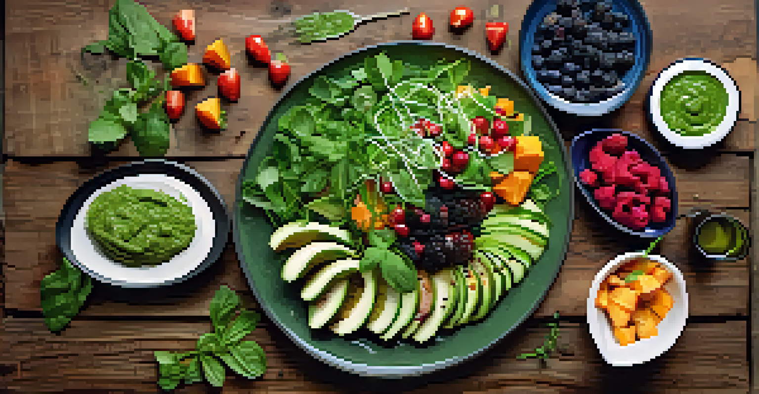 A vibrant vegan meal on a wooden table featuring a colorful salad, zucchini, berries, and baked sweet potatoes with herb pesto.
